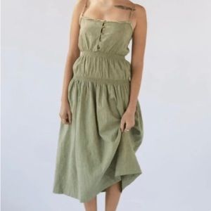 Urban Outfitters Ella Linen Dropped Waist Midi Dress Green Olive Moss